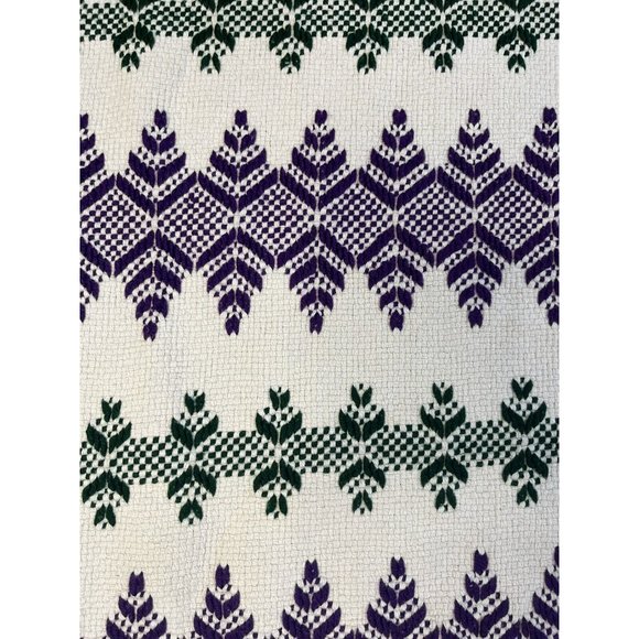 Embroided Yarn Blanket Green Purple Diamond Leaf 50 x 58 in plus Fringe - Picture 1 of 13